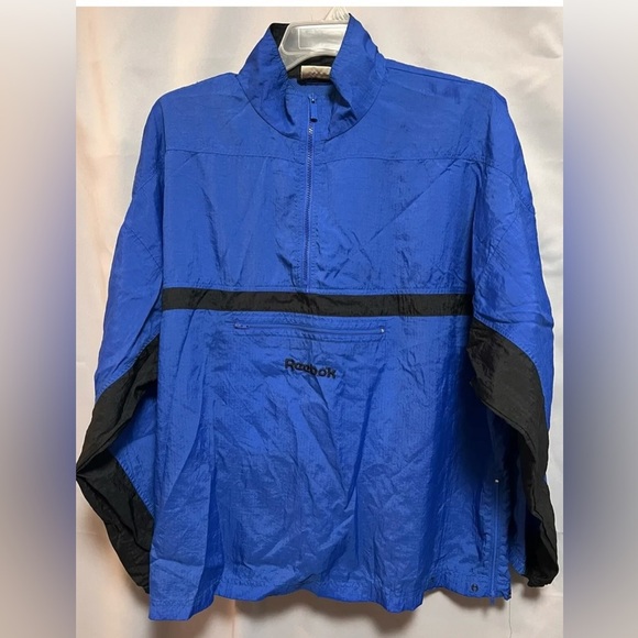 Vintage REEBOK 1/2 Zip Pullover Windbreaker Large Lightweight Black Blue 90s - Picture 1 of 10